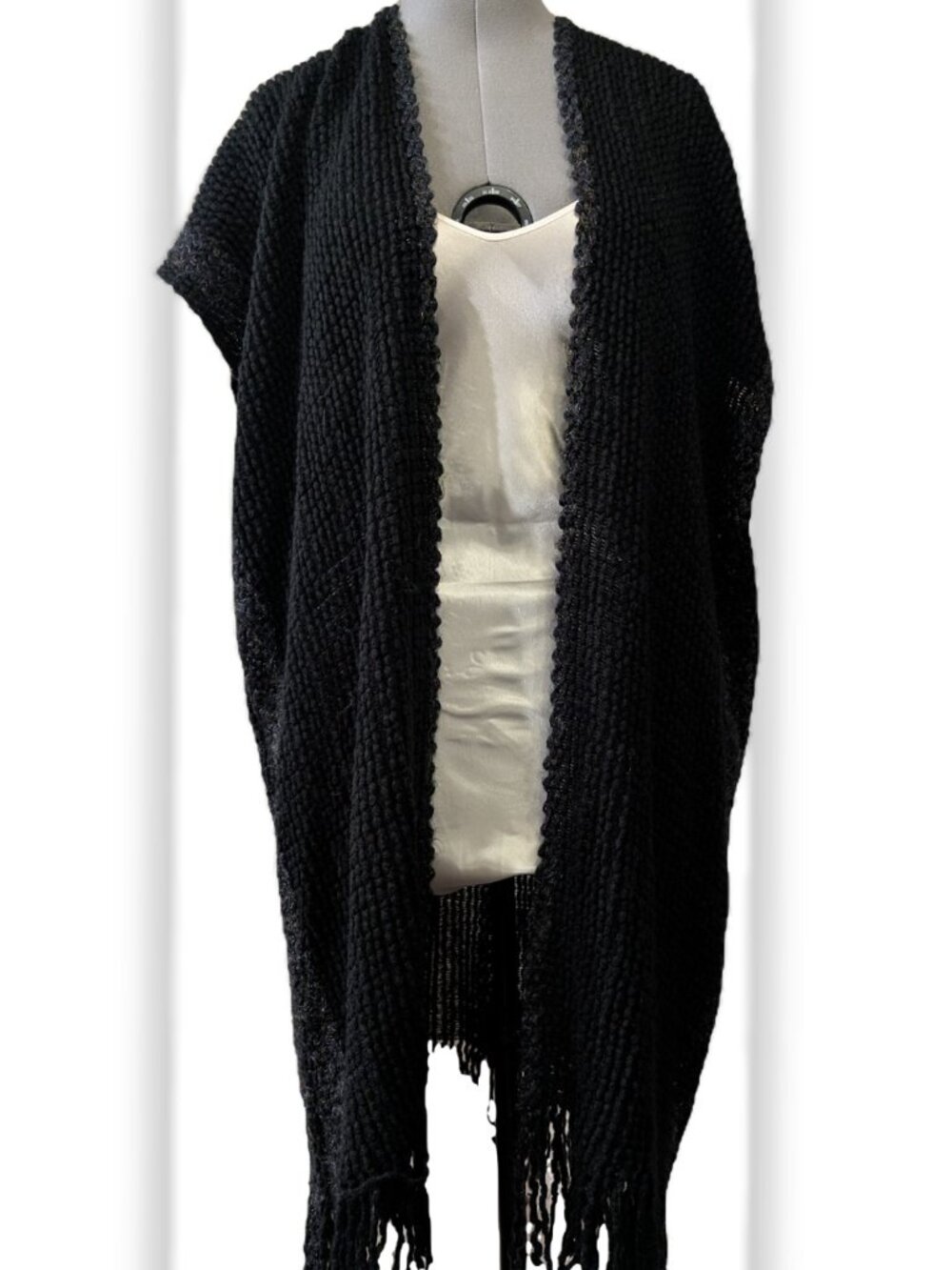 Long black and shimmer shrug with fringe. Cardigan sweater kimono duster